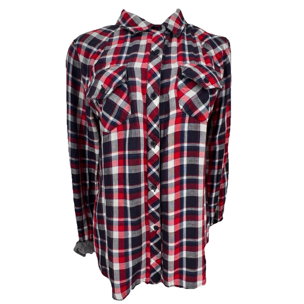 Rails Shirt Women's M Medium Blue Red Plaid Flannel Long Sleeve Flip Cuff